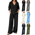 thumbnail image 1 of Zeijnsda Womens 2 Pieces Sets Thin Relaxed Solid Color Lounge Sets V-Neck Long Sleeve Tops and Straight-leg Pockets Trousers Daily Leisure Sets, 1 of 6