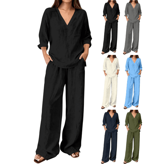 Zeijnsda Womens 2 Pieces Sets Thin Relaxed Solid Color Lounge Sets V-Neck Long Sleeve Tops and Straight-leg Pockets Trousers Daily Leisure Sets