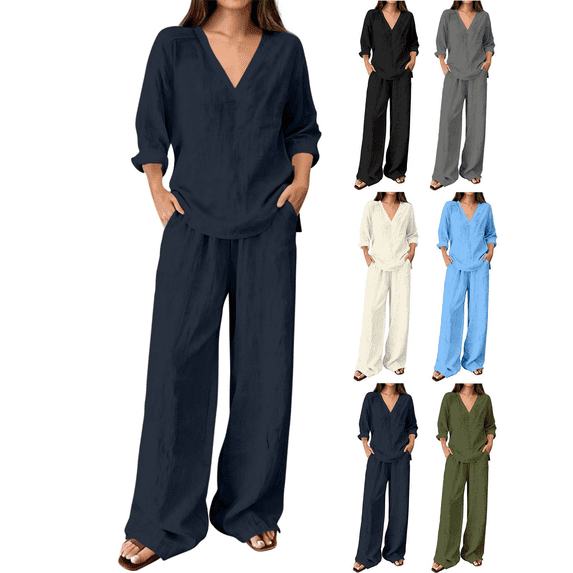 Zeijnsda Womens 2 Pieces Sets Thin Relaxed Solid Color Lounge Sets V-Neck Long Sleeve Tops and Straight-leg Pockets Trousers Daily Leisure Sets