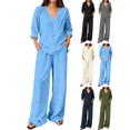 thumbnail image 1 of Zeijnsda Womens 2 Pieces Sets Thin Relaxed Solid Color Lounge Sets V-Neck Long Sleeve Tops and Straight-leg Pockets Trousers Daily Leisure Sets, 1 of 6