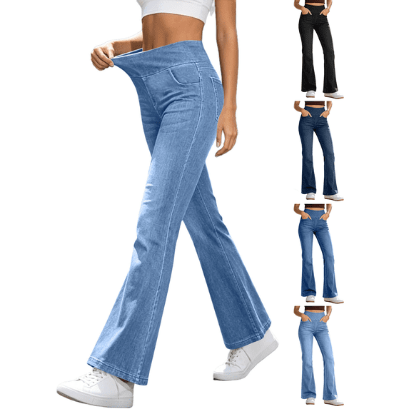 Zeijnsda Womens Baggy Jeans Womens Solid Color Stretch Flared Denim Pants Elastic High Waisted Stylish Flared Jeans with Pockets