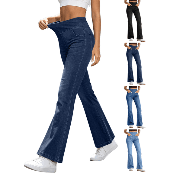 Zeijnsda Womens Baggy Jeans Womens Solid Color Stretch Flared Denim Pants Elastic High Waisted Stylish Flared Jeans with Pockets