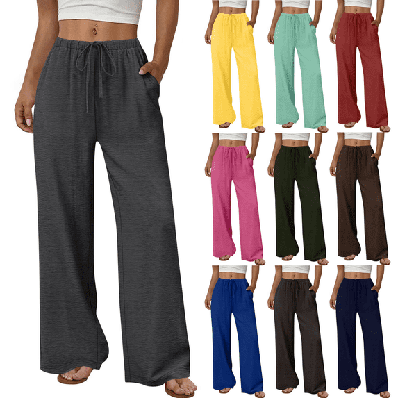 Zeijnsda Womens Casual Pants Spring Summer Thin Comfy Long Pants Solid Color Loose Straight-Leg Trousers Drawstring Elastic Waist Daily Outings Trousers with Pockets