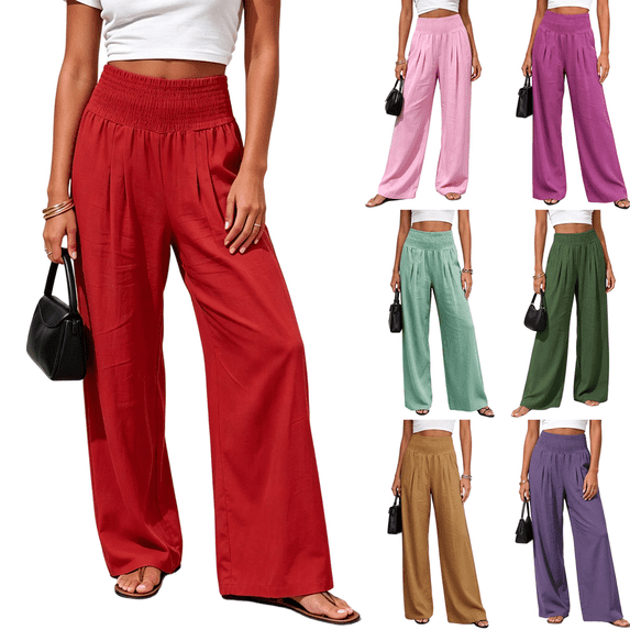 Zeijnsda Womens Casual Pants Summer Lightweight Loose Trousers for Women Fashionable Solid Color Stretch High-waisted Pants Comfortable Wide-leg Trousers