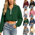 thumbnail image 1 of Zeijnsda Womens Crop Sweatshirts Stylish Lapel Half-Zip Short Tops Solid Color Long Sleeves Shirts Sporty Outfits Hem Drawstring Sweatshirts, 1 of 8