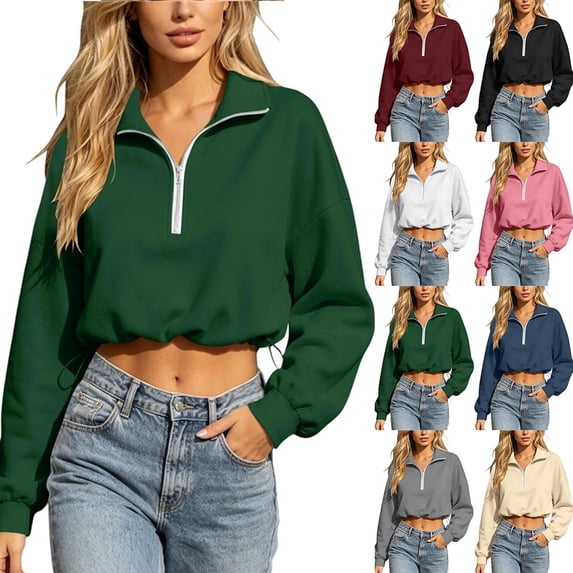 Zeijnsda Womens Crop Sweatshirts Stylish Lapel Half-Zip Short Tops Solid Color Long Sleeves Shirts Sporty Outfits Hem Drawstring Sweatshirts
