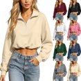 thumbnail image 1 of Zeijnsda Womens Crop Sweatshirts Stylish Lapel Half-Zip Short Tops Solid Color Long Sleeves Shirts Sporty Outfits Hem Drawstring Sweatshirts, 1 of 8