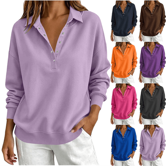 Zeijnsda Womens Fashion Sweatshirts Women's Loose-fitting Long-sleeved Tops Lapel And Snap-button Shirts Spring Autumn Hoodless Sweatshirts