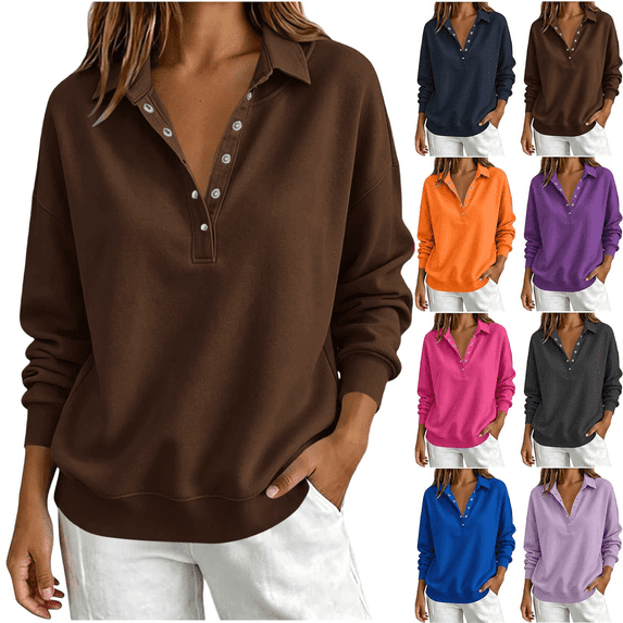 Zeijnsda Womens Fashion Sweatshirts Women's Loose-fitting Long-sleeved Tops Lapel And Snap-button Shirts Spring Autumn Hoodless Sweatshirts