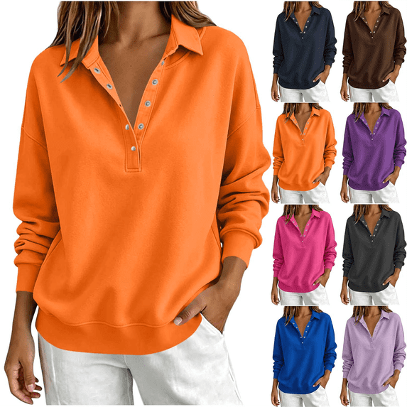 Zeijnsda Womens Fashion Sweatshirts Women's Loose-fitting Long-sleeved Tops Lapel And Snap-button Shirts Spring Autumn Hoodless Sweatshirts