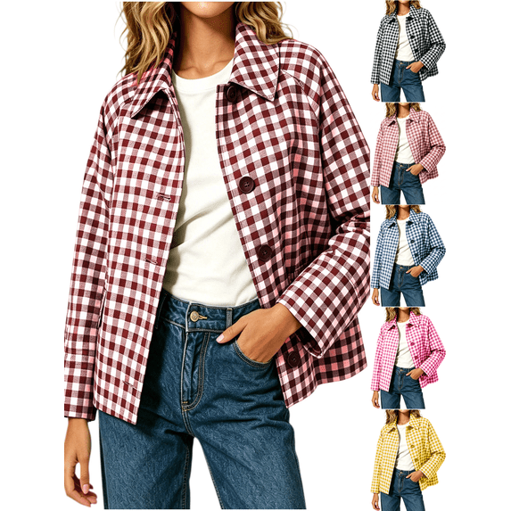 Zeijnsda Womens Jackets Women's Spring Autumn Lightweight Casual Shirts Fashion Checkered Loose Long Sleeves Coat Lapel Button Plaid Short Outerwear