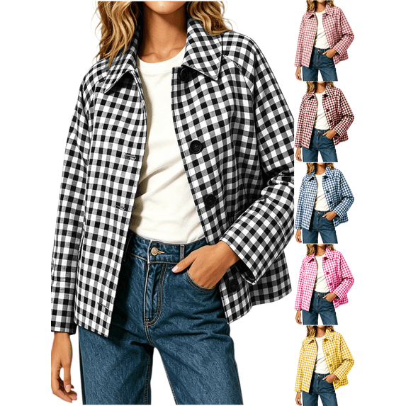 Zeijnsda Womens Jackets Women's Spring Autumn Lightweight Casual Shirts Fashion Checkered Loose Long Sleeves Coat Lapel Button Plaid Short Outerwear