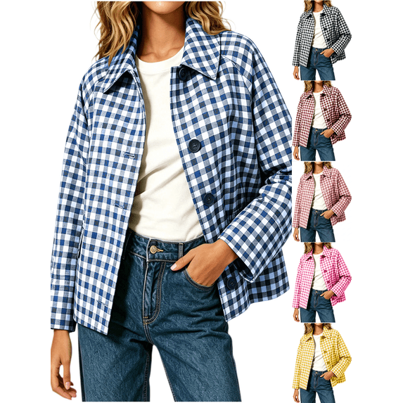 Zeijnsda Womens Jackets Women's Spring Autumn Lightweight Casual Shirts Fashion Checkered Loose Long Sleeves Coat Lapel Button Plaid Short Outerwear