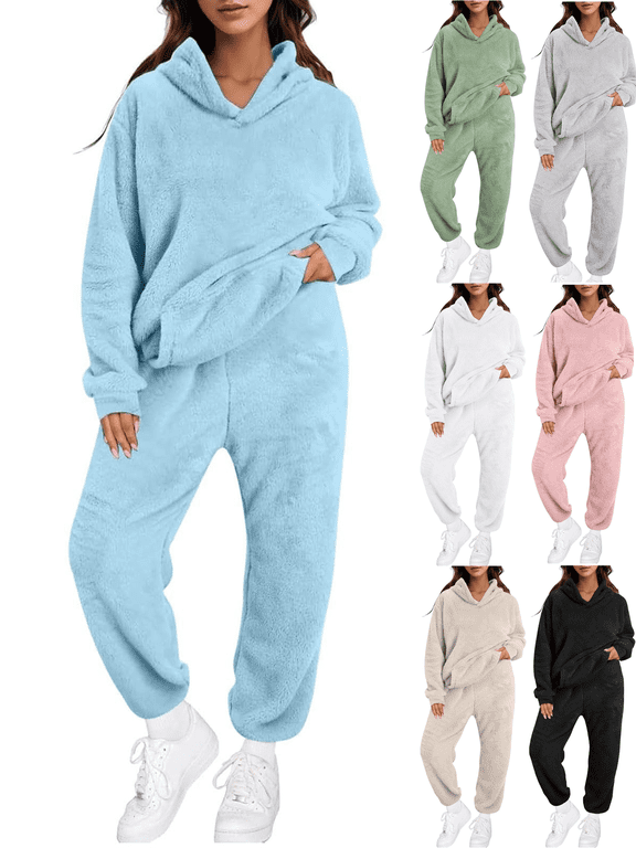 Womens Lounge 2 Pieces Sets Winter Warm Fuzzy Fleece Sleepwear Sets Long Sleeved Hoodie & Sweatpants Solid Color Loose Homewear Sets S-5XL
