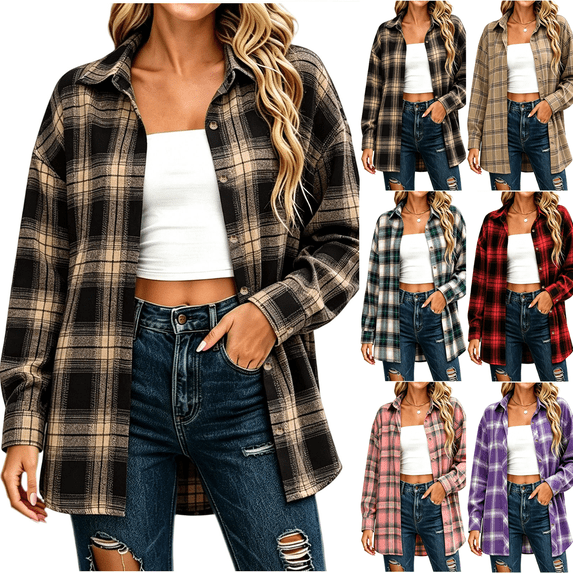 Zeijnsda Womens Plaid Shirts Spring Loose Comfy Checkered Blouse Women's Lapel Button Relaxed Jackets for Daily Commuting Outfits