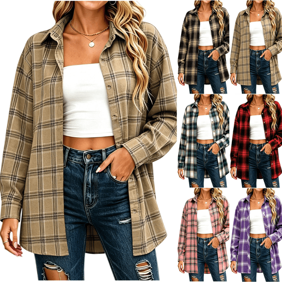 Zeijnsda Womens Plaid Shirts Spring Loose Comfy Checkered Blouse Women's Lapel Button Relaxed Jackets for Daily Commuting Outfits