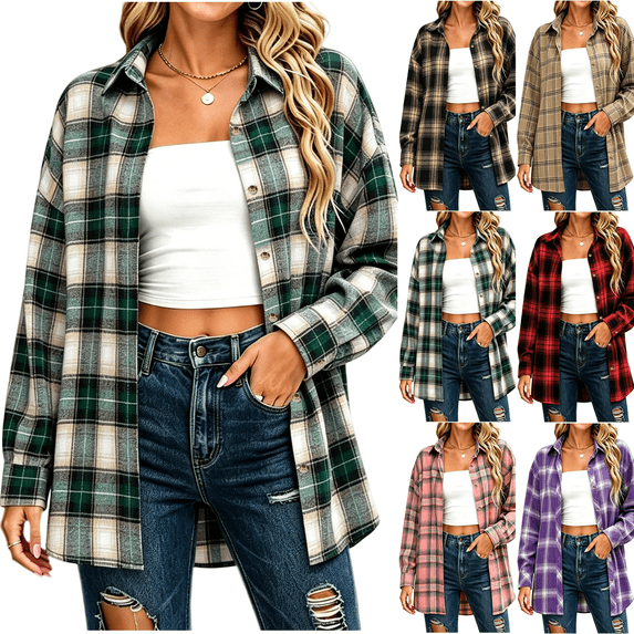 Zeijnsda Womens Plaid Shirts Spring Loose Comfy Checkered Blouse Women's Lapel Button Relaxed Jackets for Daily Commuting Outfits