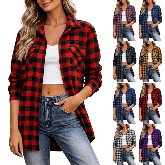 Zeijnsda Womens Plaid Shirts Women's Lapel Button Checkered Jackets Fashion Comfy And Casual Loose Long Sleeved Pockets Blouse