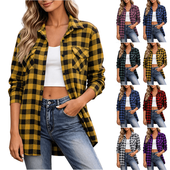 Zeijnsda Womens Plaid Shirts Women's Lapel Button Checkered Jackets Fashion Comfy And Casual Loose Long Sleeved Pockets Blouse