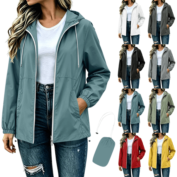 Zeijnsda Womens Rain Jackets Windbreaker Waterproof Outdoor Raincoat Lightweight Zip-Up Outerwear Long Sleeves Drawstring Hooded Coat with Packable Bag