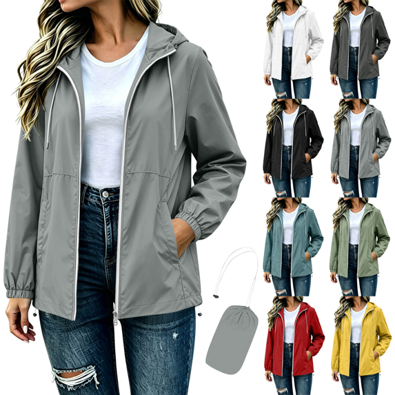 Zeijnsda Womens Rain Jackets Windbreaker Waterproof Outdoor Raincoat Lightweight Zip-Up Outerwear Long Sleeves Drawstring Hooded Coat with Packable Bag