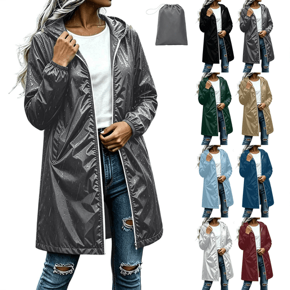 Zeijnsda Womens Raincoat Spring Lightweight Hooded Rain Jackets Waterproof Mid-Length Solid Outerwear Long Sleeves Zip-Up Coat for Rainy Days with Packable Bag