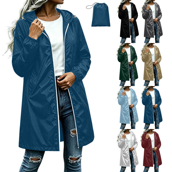 Zeijnsda Womens Raincoat Spring Lightweight Hooded Rain Jackets Waterproof Mid-Length Solid Outerwear Long Sleeves Zip-Up Coat for Rainy Days with Packable Bag