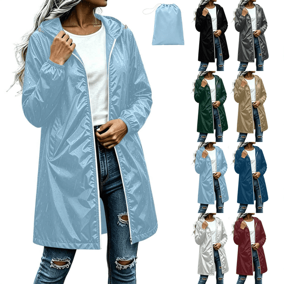 Zeijnsda Womens Raincoat Spring Lightweight Hooded Rain Jackets Waterproof Mid-Length Solid Outerwear Long Sleeves Zip-Up Coat for Rainy Days with Packable Bag