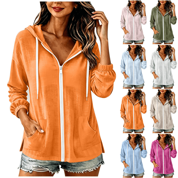 Zeijnsda Womens Summer Coats Lightweight Cotton Linen Long-Sleeved Coats Women's Zipper Hooded Sun Jackets Solid Color Casual Outdoors Pockets Overcoats