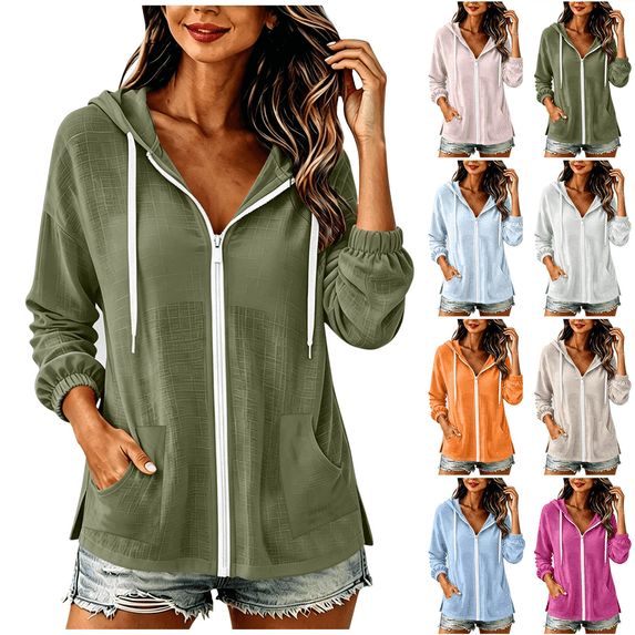 Zeijnsda Womens Summer Shirts Lightweight Cotton Linen Long-Sleeved Blouse Women's Zipper Hooded Sun Jackets Solid Color Casual Outdoors Pockets Coat