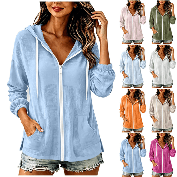 Zeijnsda Womens Summer Shirts Lightweight Cotton Linen Long-Sleeved Blouse Women's Zipper Hooded Sun Jackets Solid Color Casual Outdoors Pockets Coat