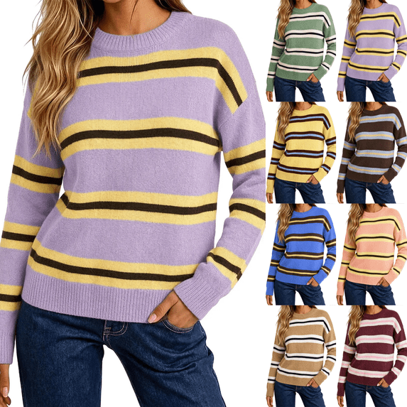 Zeijnsda Womens Winter Sweaters Thicken Warm Striped Sweaters Crew Neck Knit Pullover Sweaters for Women