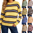 thumbnail image 1 of Zeijnsda Womens Winter Sweaters Thicken Warm Striped Sweaters Crew Neck Knit Pullover Sweaters for Women, 1 of 6