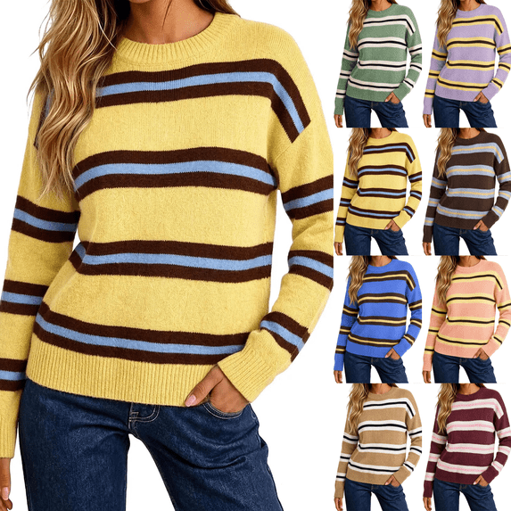 Zeijnsda Womens Winter Sweaters Thicken Warm Striped Sweaters Crew Neck Knit Pullover Sweaters for Women
