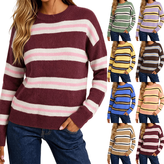 Zeijnsda Womens Winter Sweaters Thicken Warm Striped Sweaters Crew Neck Knit Pullover Sweaters for Women