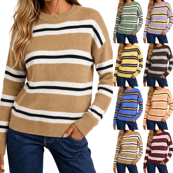 Zeijnsda Womens Winter Sweaters Thicken Warm Striped Sweaters Crew Neck Knit Pullover Sweaters for Women