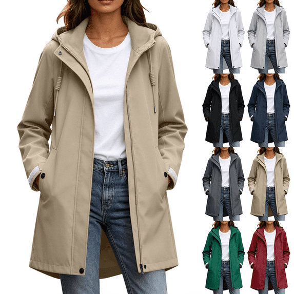 Zeijnsda Womens Zip Up Coats Women's Fashion Hooded Long Jackets Water Resistant Windproof Outdoor Jackets Solid-Color Mid‑Length Loose Outerwear