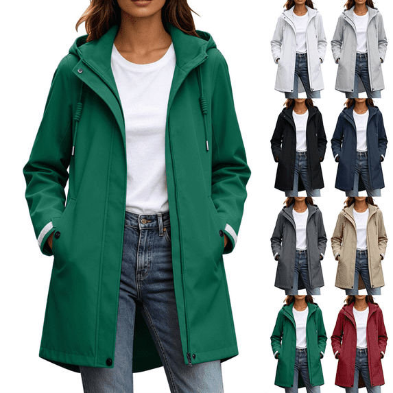 Zeijnsda Womens Zip Up Coats Women's Fashion Hooded Long Jackets Water Resistant Windproof Outdoor Jackets Solid-Color Mid‑Length Loose Outerwear