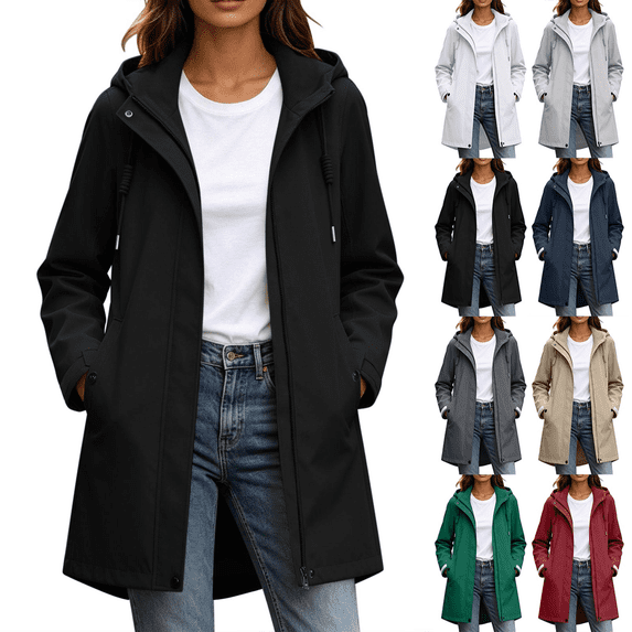 Zeijnsda Womens Zip Up Coats Women's Fashion Hooded Long Jackets Water Resistant Windproof Outdoor Jackets Solid-Color Mid‑Length Loose Outerwear