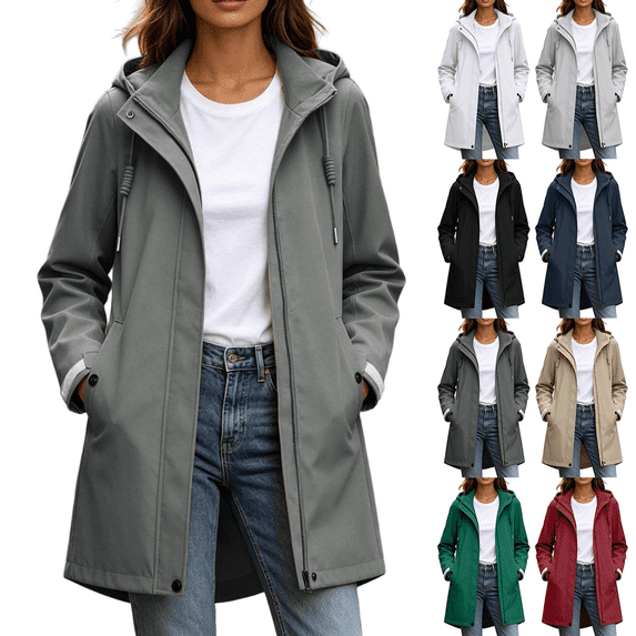 Zeijnsda Womens Zip Up Coats Women's Fashion Hooded Long Jackets Water Resistant Windproof Outdoor Jackets Solid-Color Mid‑Length Loose Outerwear