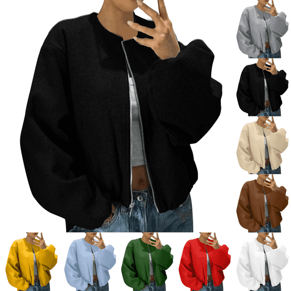 Zeijnsda Womens Zip Up Jackets Lightweight Loose Long Sleeved Coats Crew Neck Hoodless Cropped Jackets Solid Color Casual Pockets Outerwear