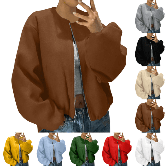 Zeijnsda Womens Zip Up Jackets Lightweight Loose Long Sleeved Coats Crew Neck Hoodless Cropped Jackets Solid Color Casual Pockets Outerwear