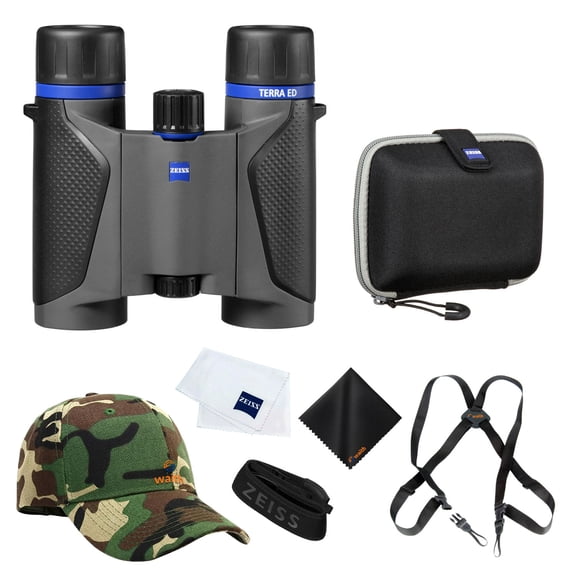 Zeiss 10x25 Terra ED Pocket Binoculars For Bird Watching (Grey) with Waith Binocular Comfort Carrying Harness Strap, Adjustable Camo Baseball Hat and Waith Microfiber Lens Cleaning Cloth (Bundle Set)