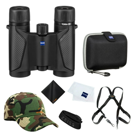 Zeiss 10x25 Terra ED Pocket Binoculars For Bird Watching (Black) with Waith Binocular Comfort Carrying Harness Strap, Adjustable Camo Baseball Hat and Waith Microfiber Lens Cleaning Cloth (Bundle Set)