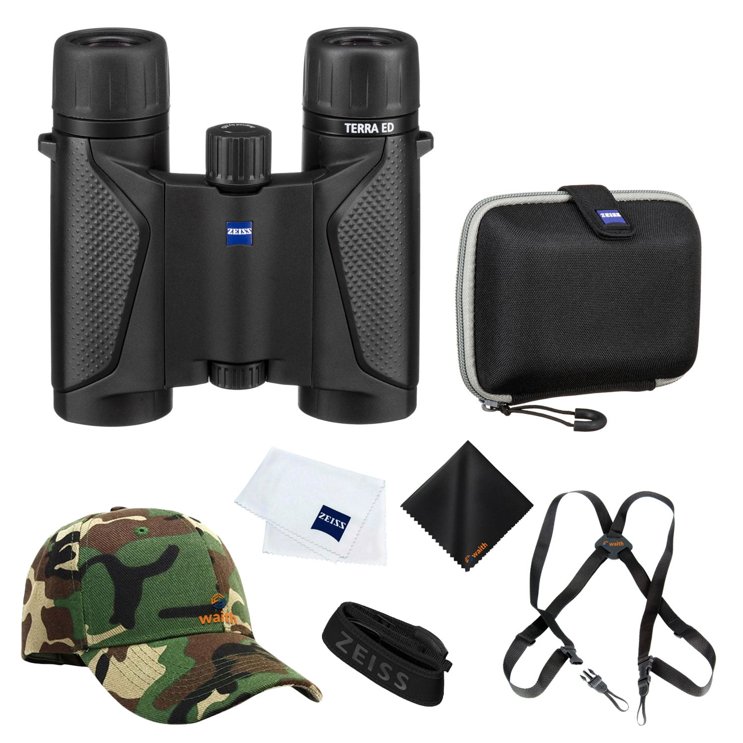 Zeiss 8x25 Terra ED Pocket Binoculars For Bird Watching (Black) with Waith Binocular Comfort Carrying Harness Strap, Adjustable Camo Baseball Hat and Waith Microfiber Lens Cleaning Cloth (Bundle Set)