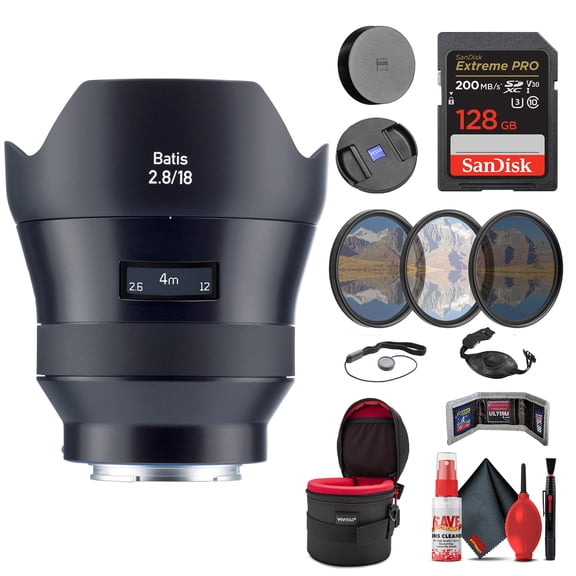 Zeiss Batis 18mm F/2.8 Lens for Sony E Mount (2136-691) + 128GB Extreme Pro SD Card + 77mm 3-Piece Filter Kit + Padded Lens Case + Memory Card Wallet + Hand Strap + Mini Tripod & Cleaning Kit