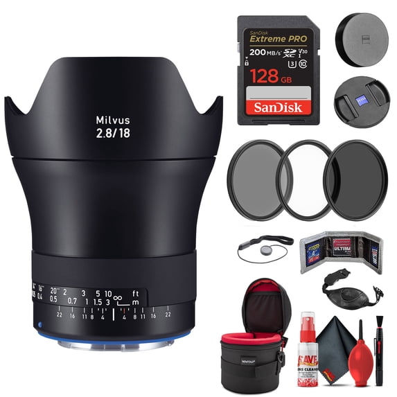 Zeiss Milvus 18mm F/2.8 ZE Lens for Canon EF (2096-517) + 128GB Extreme Pro SD Card + 77mm 3-Piece Filter Kit + Padded Lens Case + Memory Card Wallet + Hand Strap + Mini Tripod & Cleaning Kit
