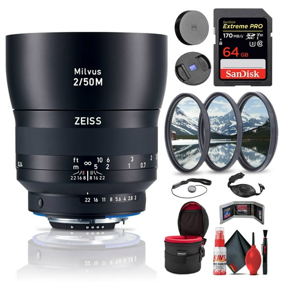 Zeiss Milvus 50mm F/2M ZF.2 Lens for Nikon F (2096-558) + 64GB Extreme Pro SD Card + 67mm 3-Piece Filter Kit + Padded Lens Case + Memory Card Wallet + Hand Strap + Mini Tripod & Cleaning Kit
