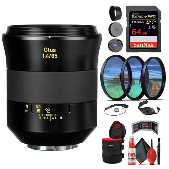 Zeiss Otus Apo Planar T* 85mm F/1.4 ZE Lens for Canon (2040-292) + 64GB Extreme Pro SD Card + 86mm 3-Piece Filter Kit + Padded Lens Case + Memory Card Wallet + Hand Strap + Mini Tripod & Cleaning Kit