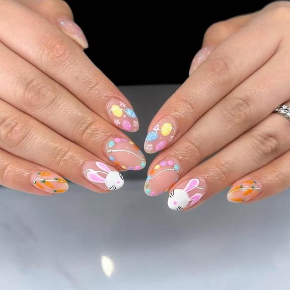 Zeiwohndc 1Set Easter Themed Cartoon Design False Nail Short Oval ABS Press-on Nail